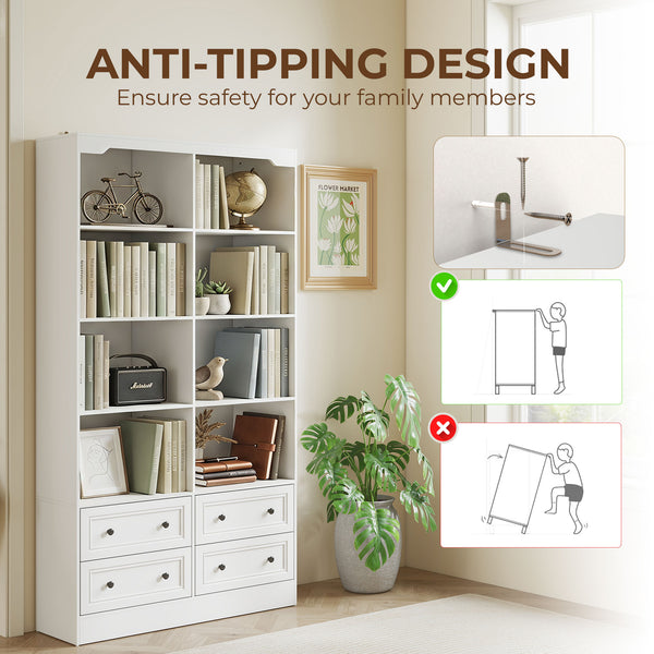 71" White Bookcase with 8 Cubbies and 4 Drawers