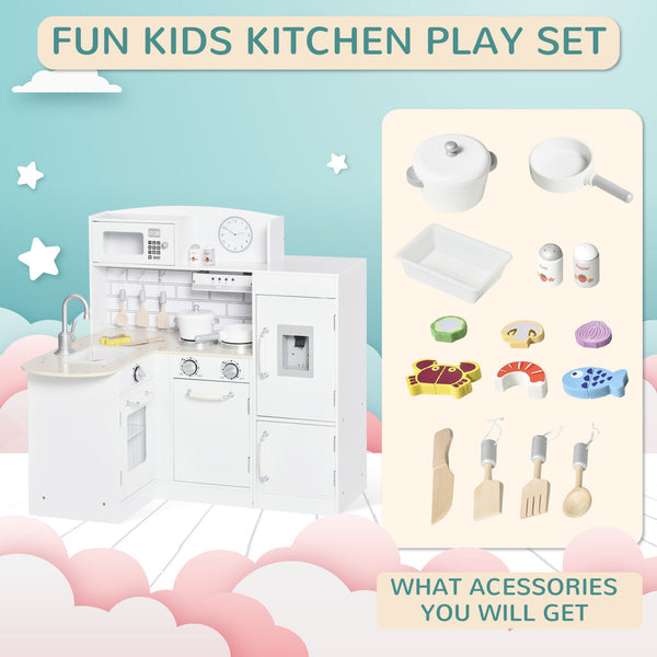 Kids Kitchen with Water Fountain, Microwave and Accessories, White