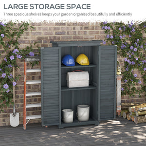 Wooden garden shed with 3-tier shelves, asphalt roof and shuttered doors