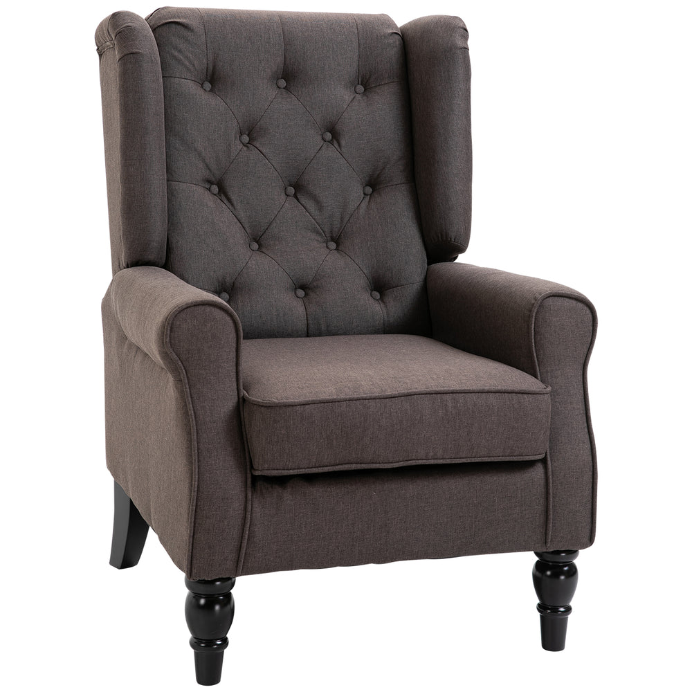Button-tufted accent chair with wooden legs, brown