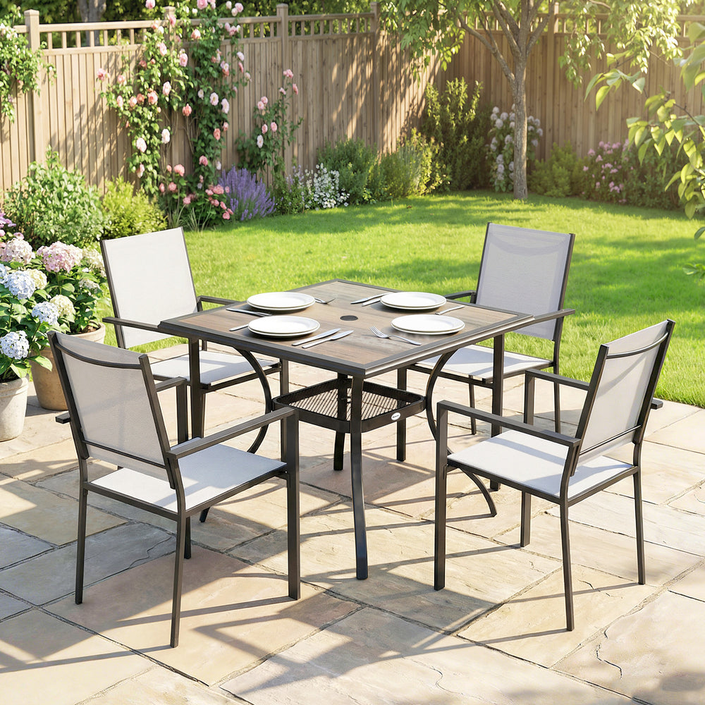 5-piece outdoor dining set, including a table and 4 stackable chairs with a parasol hole and shelf.