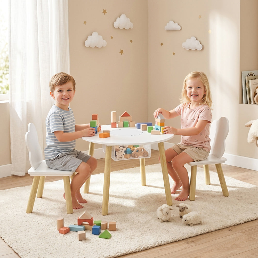 3-piece Children's Table and Chair Set, including an activity table, cloud-shaped chairs, and a mesh bag.
