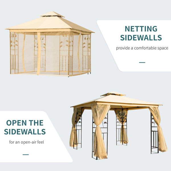 10'x10' Soft Steel Gazebo with Two-Tier Polyester Roof and Curtain Sidewalls, Beige 