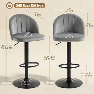 Set of 2 swivel bar stools with footrest, grey