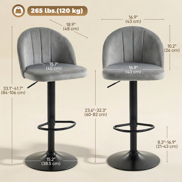 Set of 2 swivel bar stools with footrest, grey