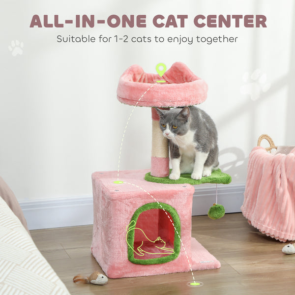 71cm Cat Tree with Soft Bed, Comfortable Cave, Scratching Post and Hanging Ball, Pink and Green