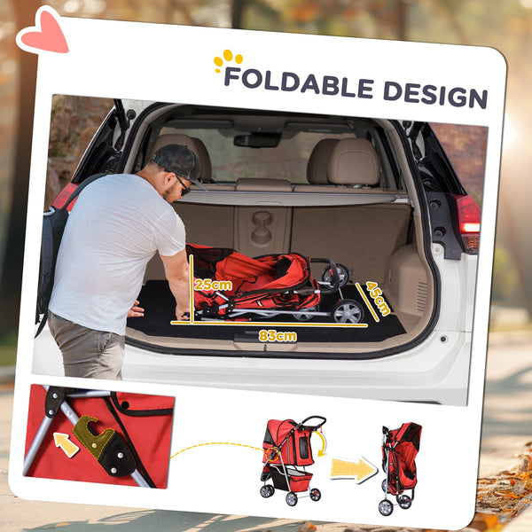 PawHut 3-Wheel Folding Stroller with Storage Basket, Red