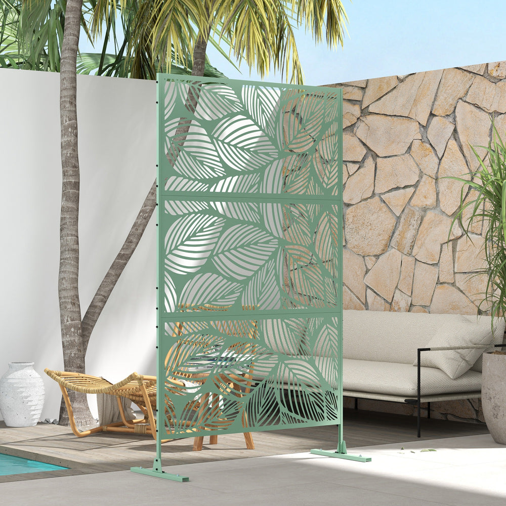 Decorative outdoor metal screen with stand, leaf pattern, light green