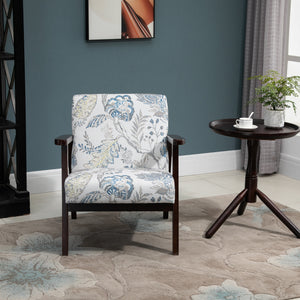 Retro fabric armchair with wooden armrests, floral pattern