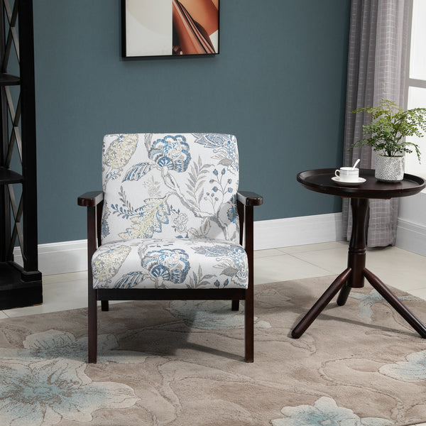 Retro fabric armchair with wooden armrests, floral pattern