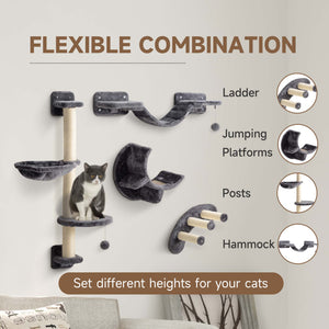 Cat climbing wall with scratching post, balls and platforms, dark grey