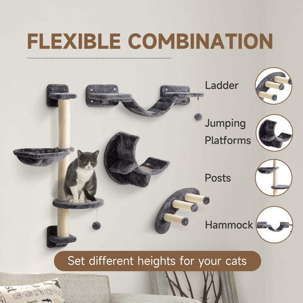 Cat climbing wall with scratching post, balls and platforms, dark grey