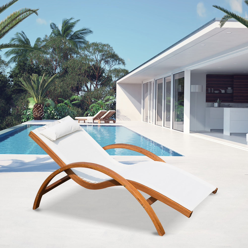 Wooden outdoor reclining lounge chair with headrest and mesh seat, cream.
