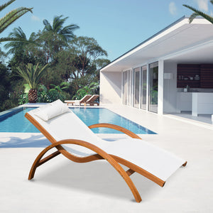 Wooden outdoor reclining lounge chair with headrest and mesh seat, cream.