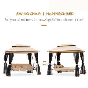 3 Person Outdoor Patio Daybed 3 in 1 Canopy Gazebo Swing Chair Garden Hammock with Mesh Mosquito Net and Sun Shade, Beige