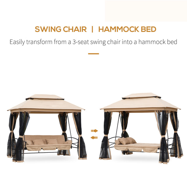 3 Person Outdoor Patio Daybed 3 in 1 Canopy Gazebo Swing Chair Garden Hammock with Mesh Mosquito Net and Sun Shade, Beige