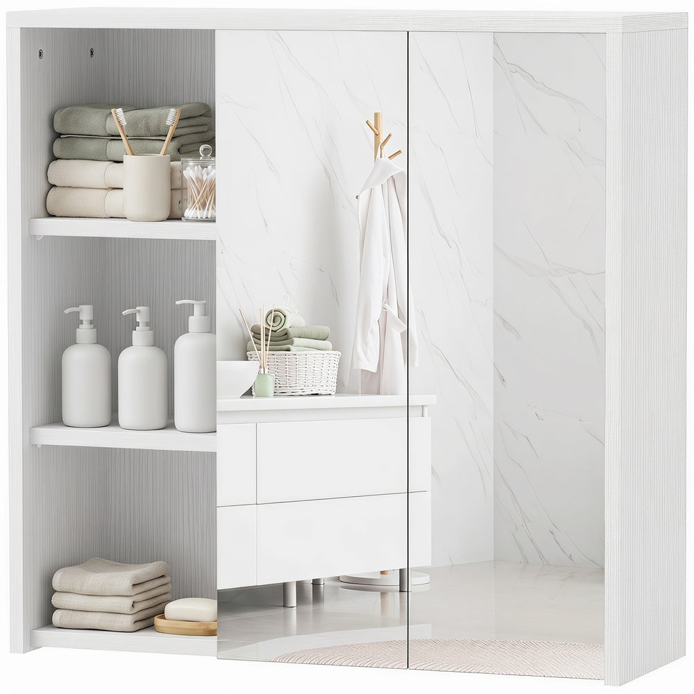 Wall-mounted cabinet with mirrors and shelves, white wood effect