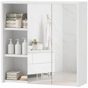 Wall-mounted cabinet with mirrors and shelves, white wood effect