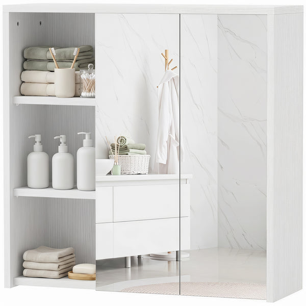 Wall-mounted cabinet with mirrors and shelves, white wood effect
