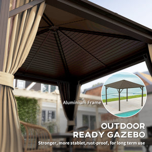 10' x 10' Aluminum Hardtop Gazebo with Mosquito Netting, Curtains and Hanging Hook, Brown
