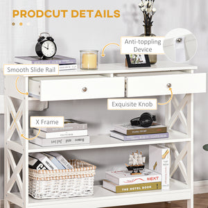 Narrow entryway console table with storage shelves, white