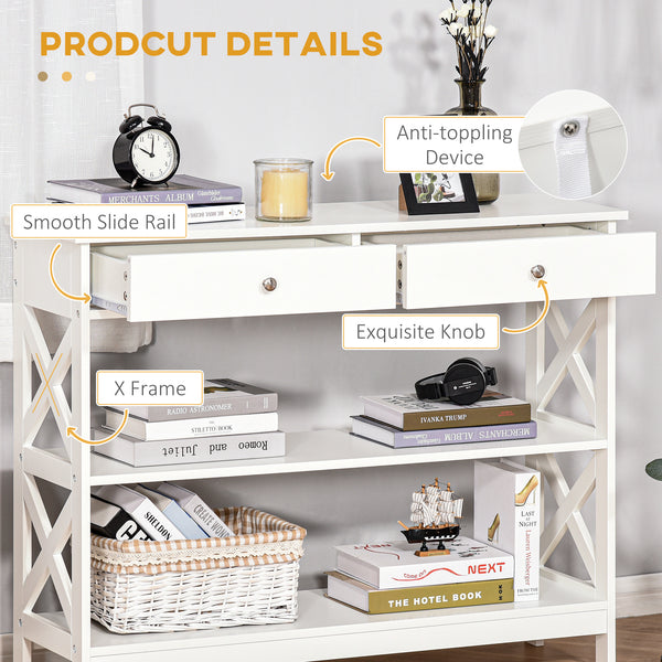 Narrow entryway console table with storage shelves, white