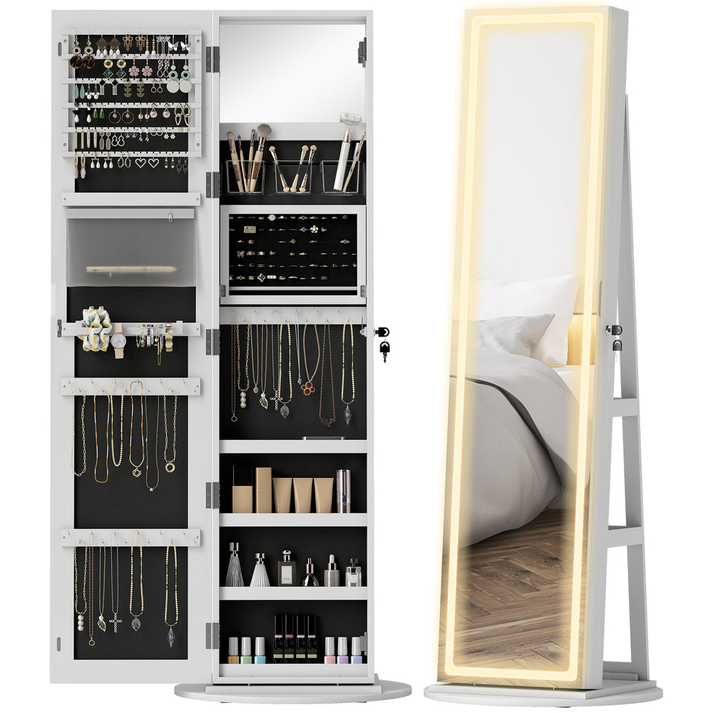 Jewelry cabinet with full-length lockable mirror, with LED, white