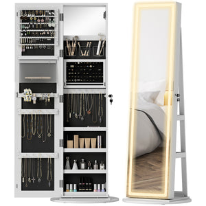Jewelry cabinet with full-length lockable mirror, with LED, white