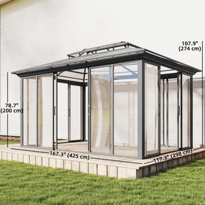 10' x 14' outdoor gazebo with rigid roof, aluminum veranda with sliding doors, double roof, dark gray