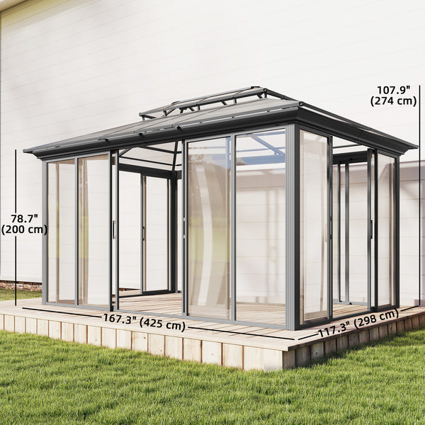 10' x 14' outdoor gazebo with rigid roof, aluminum veranda with sliding doors, double roof, dark gray