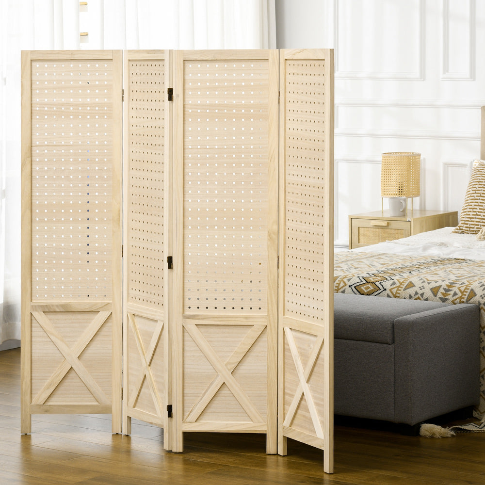 4-panel wooden screen with perforated panel, natural