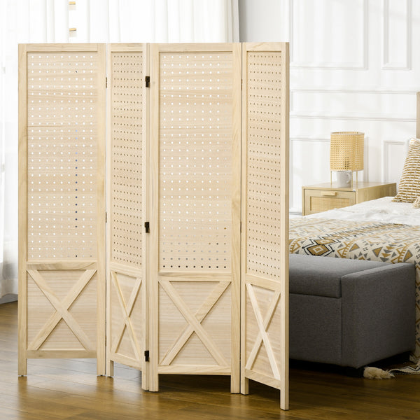 4-panel wooden screen with perforated panel, natural