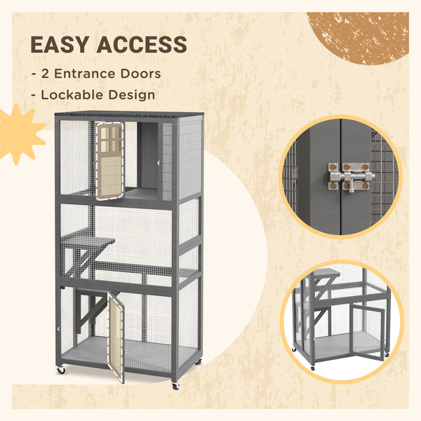 Wooden cat house, weatherproof and on wheels, light grey