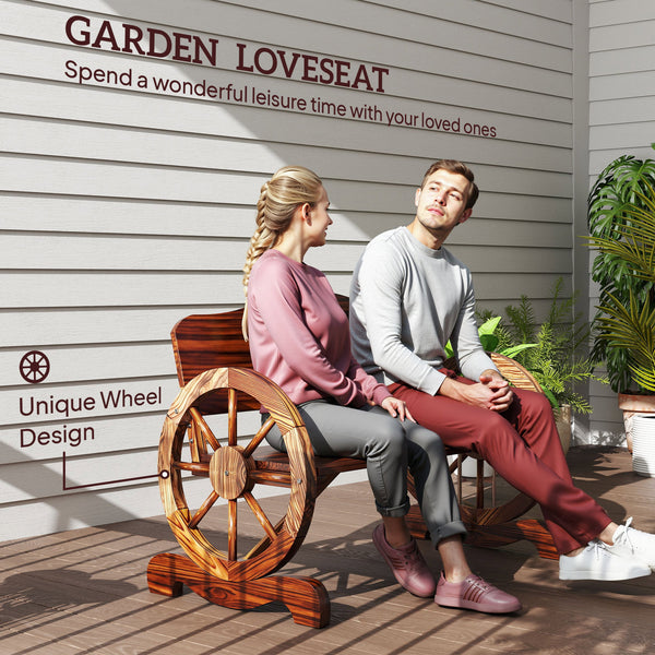 Two-seater wooden outdoor bench with wagon wheel shaped armrests