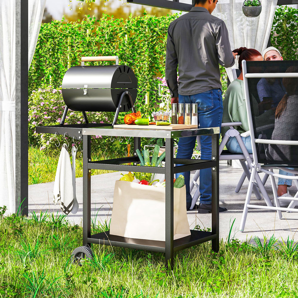 Kitchen trolley with stainless steel top and folding side table, black