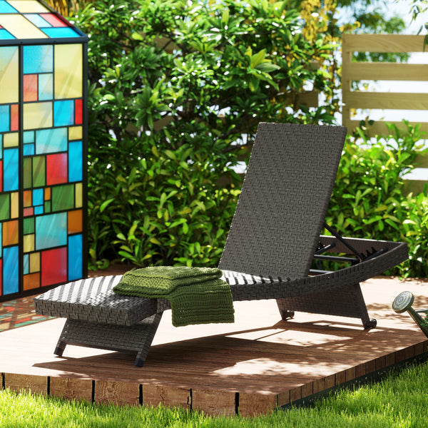 Outdoor Folding Rattan Lounge Chair with 5-Level Adjustable Backrest and Casters, Grey Melange