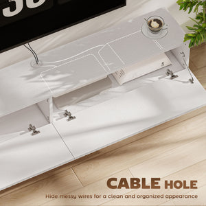 Floating wall-mounted TV unit for TVs up to 72 inches with 2 fluted drop-down doors, white