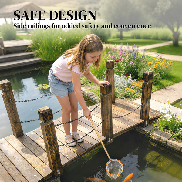 Decorative carbonized wooden bridge with chain railings for garden path, 1.5 m (5 ft)