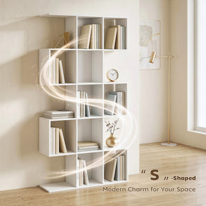 5-Tier S-Shaped Geometric Bookshelf with 15 Compartments, White Wood Look