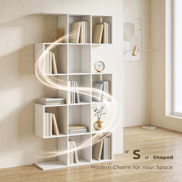5-Tier S-Shaped Geometric Bookshelf with 15 Compartments, White Wood Look