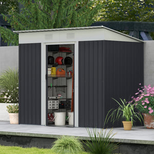 Metal garden shed with lockable sliding doors and ventilation