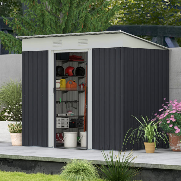 Metal garden shed with lockable sliding doors and ventilation
