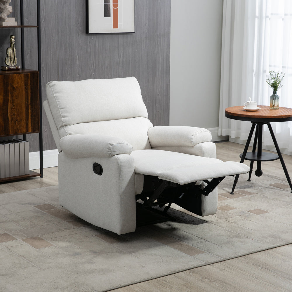 Manual recliner chair with footrest and upholstered seat, cream white