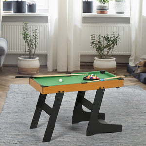 Mini foldable pool table with balls, cues, chalk and brush.