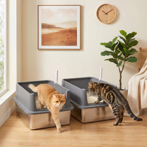 Set of 2 XL stainless steel litter boxes with high sides and lids