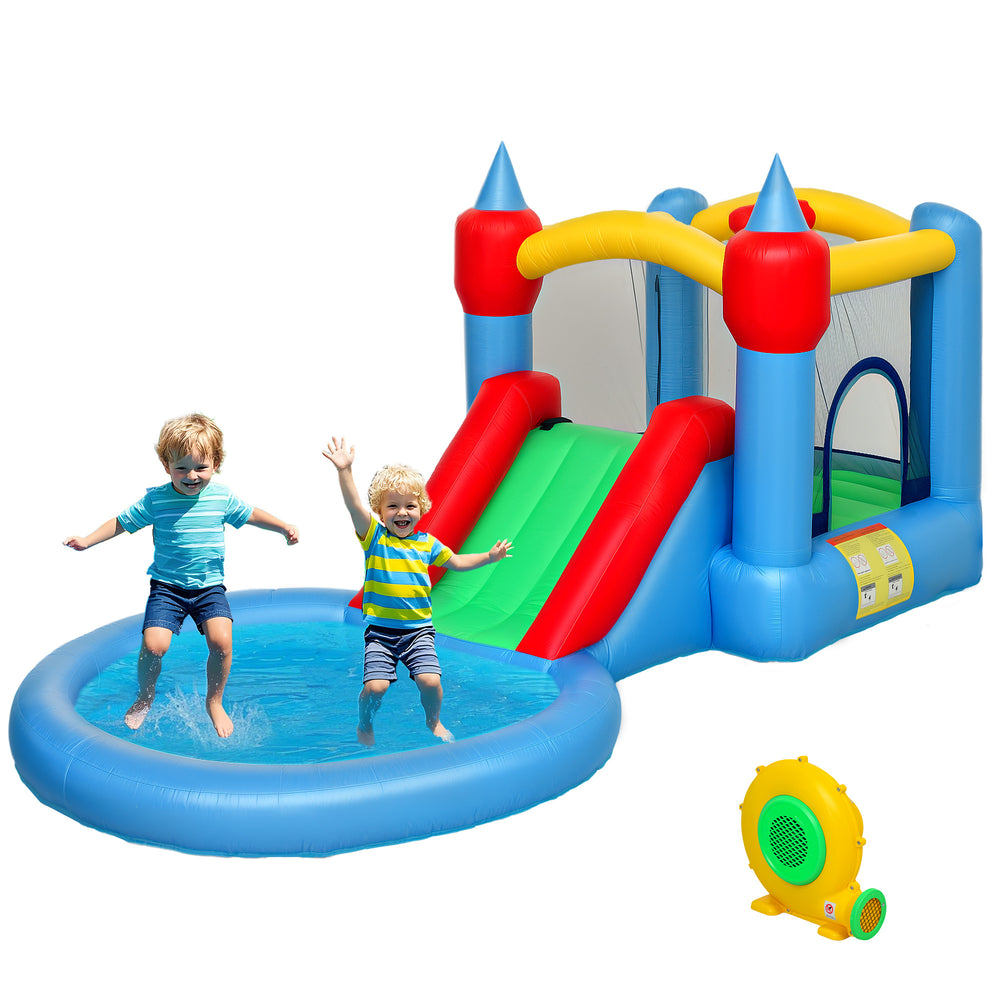 4-in-1 bouncy castle with slide, basketball hoop, ball pit, blower and storage bag