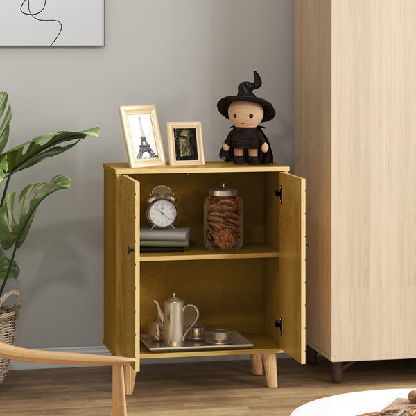 Storage unit with doors, shelves, and wooden legs, Natural wood