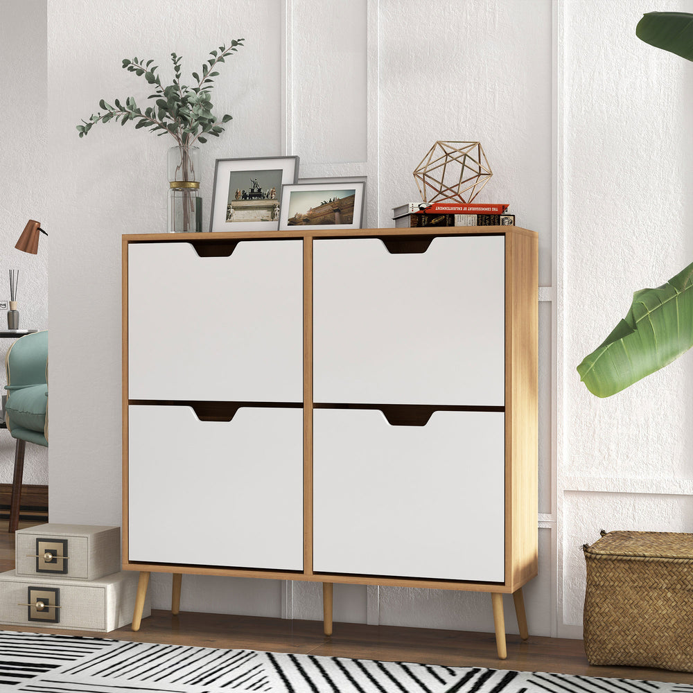 Shoe cabinet with 4 hinged drawers and adjustable shelf, for 8 to 16 pairs of shoes, natural color