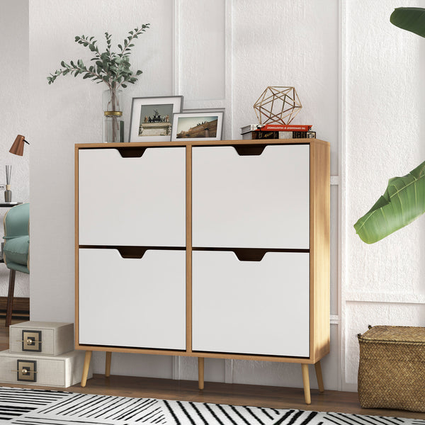 Shoe cabinet with 4 hinged drawers and adjustable shelf, for 8 to 16 pairs of shoes, natural color