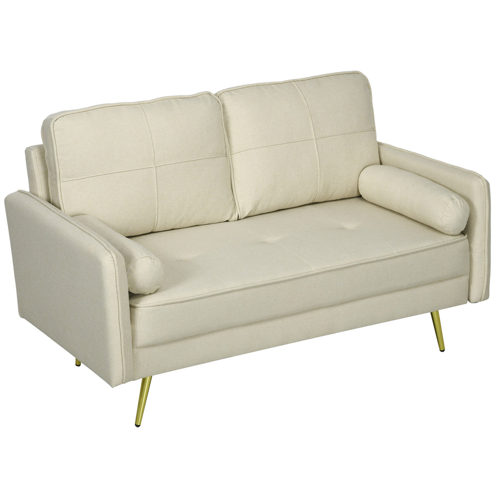 2 seater upholstered sofa with back cushions and pillows, beige